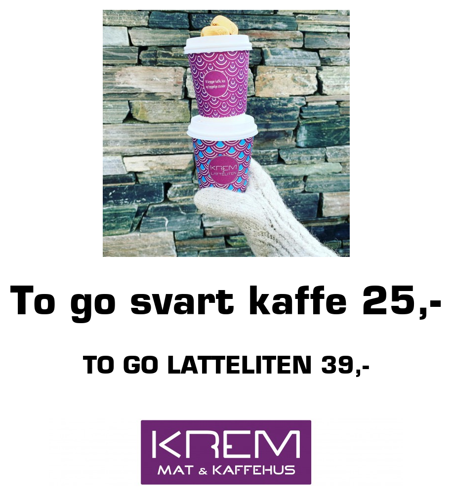 Krem Mat og Kaffehus: To go svart kaffe 25,- To go Latteliten 39,-