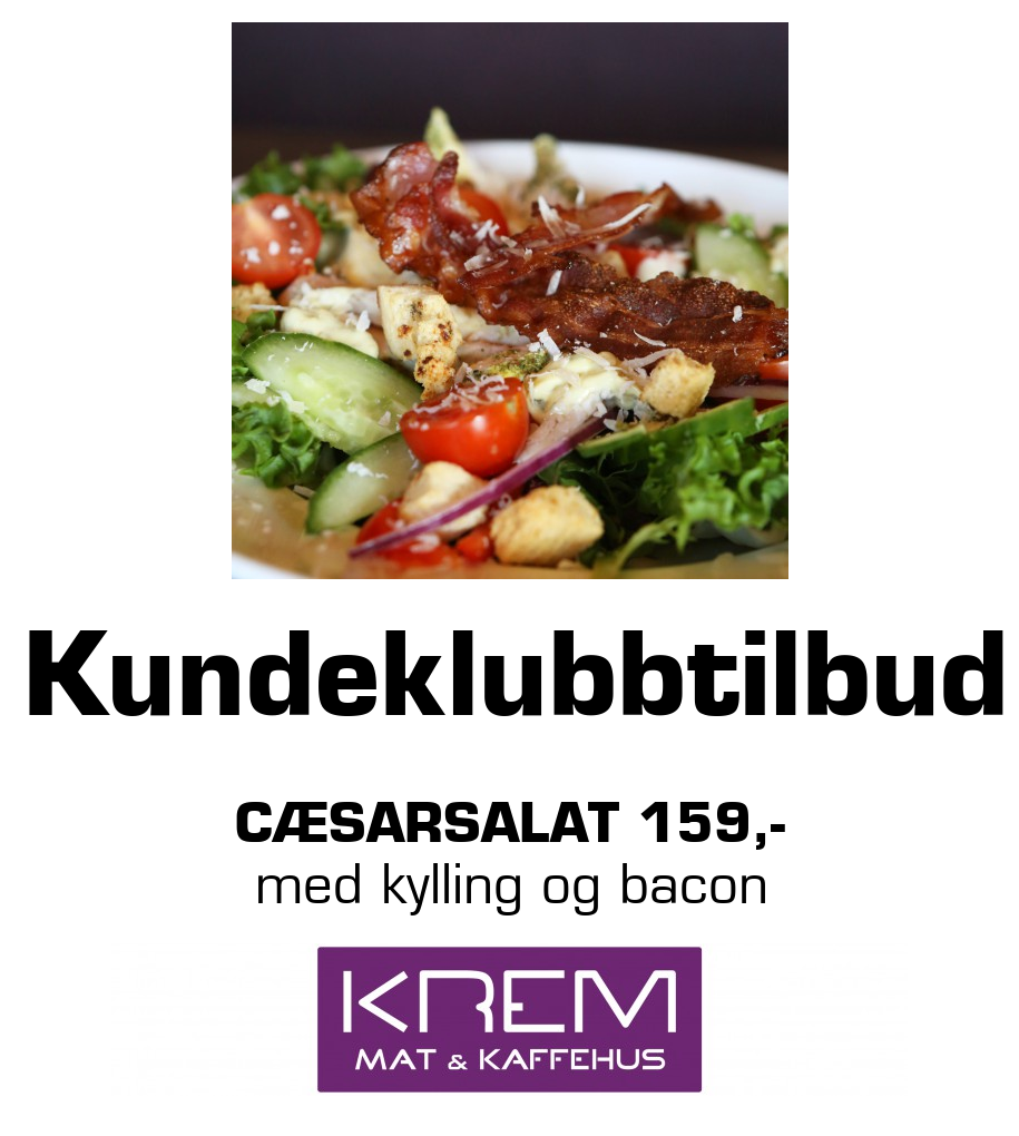 Krem Mat og Kaffehus: Kundeklubbtilbud Cæsarsalat 159,- med kylling og bacon