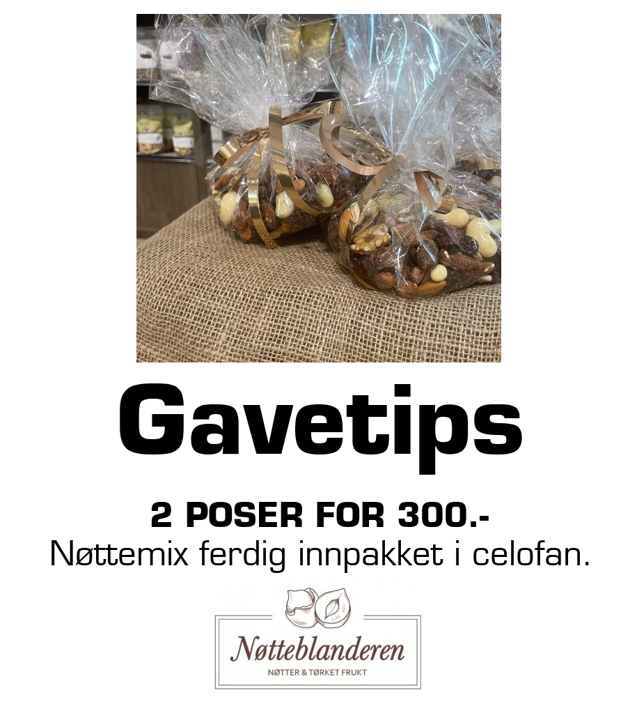 Nøtteblanderen: Gavetips 2 poser for 300.- Nøttemix ferdig innpakket i celofan.