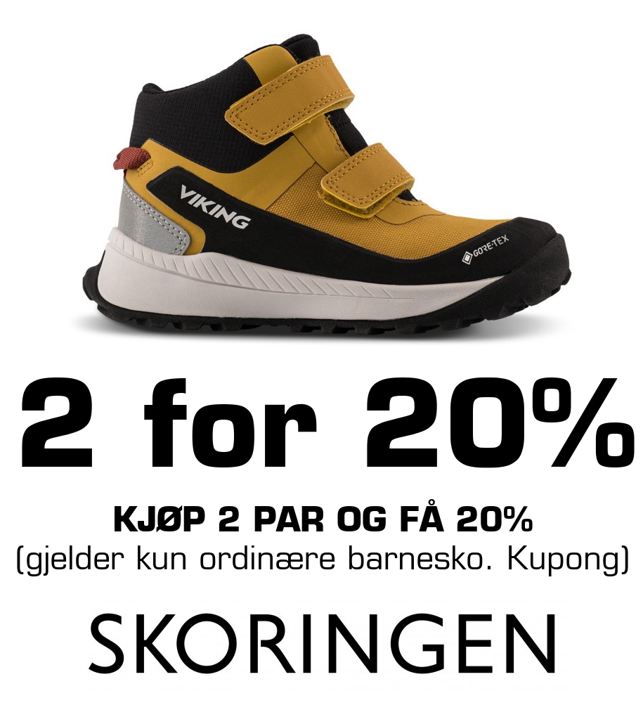 Skoringen: 2 for 20% Kjøp 2 par og få 20% (gjelder kun ordinære barnesko. Kupong)