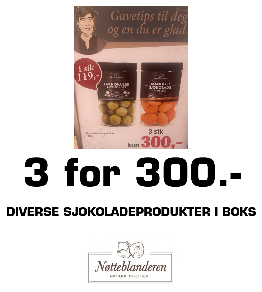 Nøtteblanderen: 3 for 300.- Diverse sjokoladeprodukter i boks