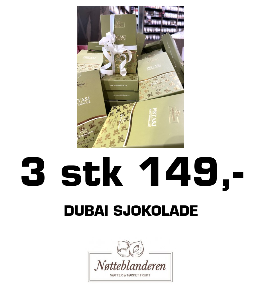 Nøtteblanderen: 3 stk 149,- Dubai sjokolade