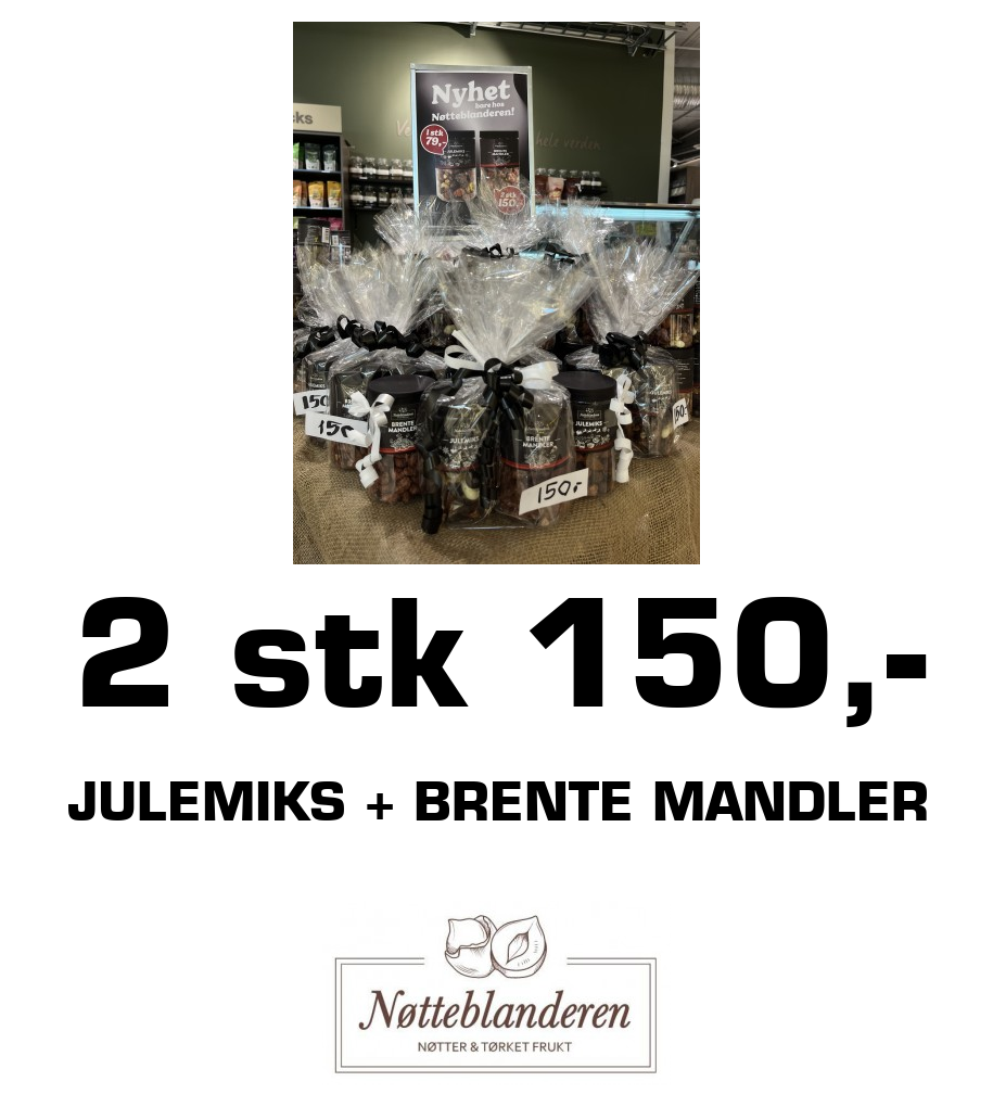 Nøtteblanderen: 2 stk 150,- Julemiks + Brente mandler