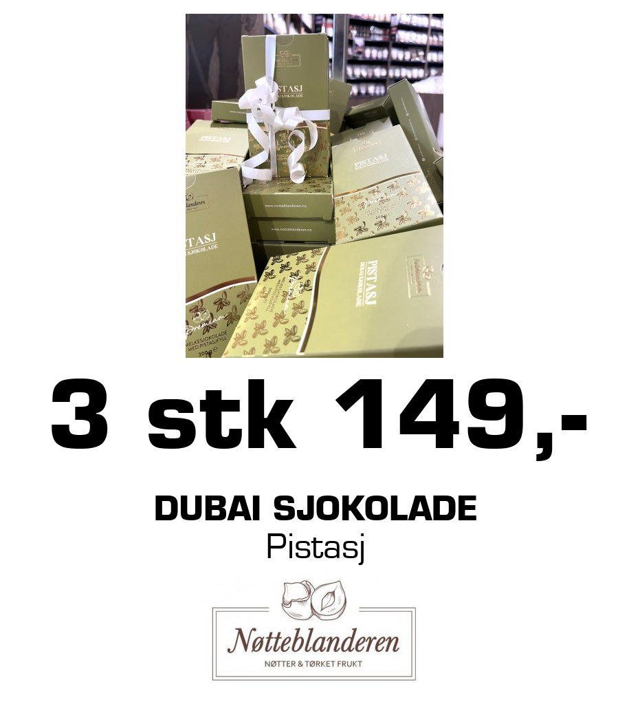 Nøtteblanderen: 3 stk 149,- Dubai sjokolade Pistasj