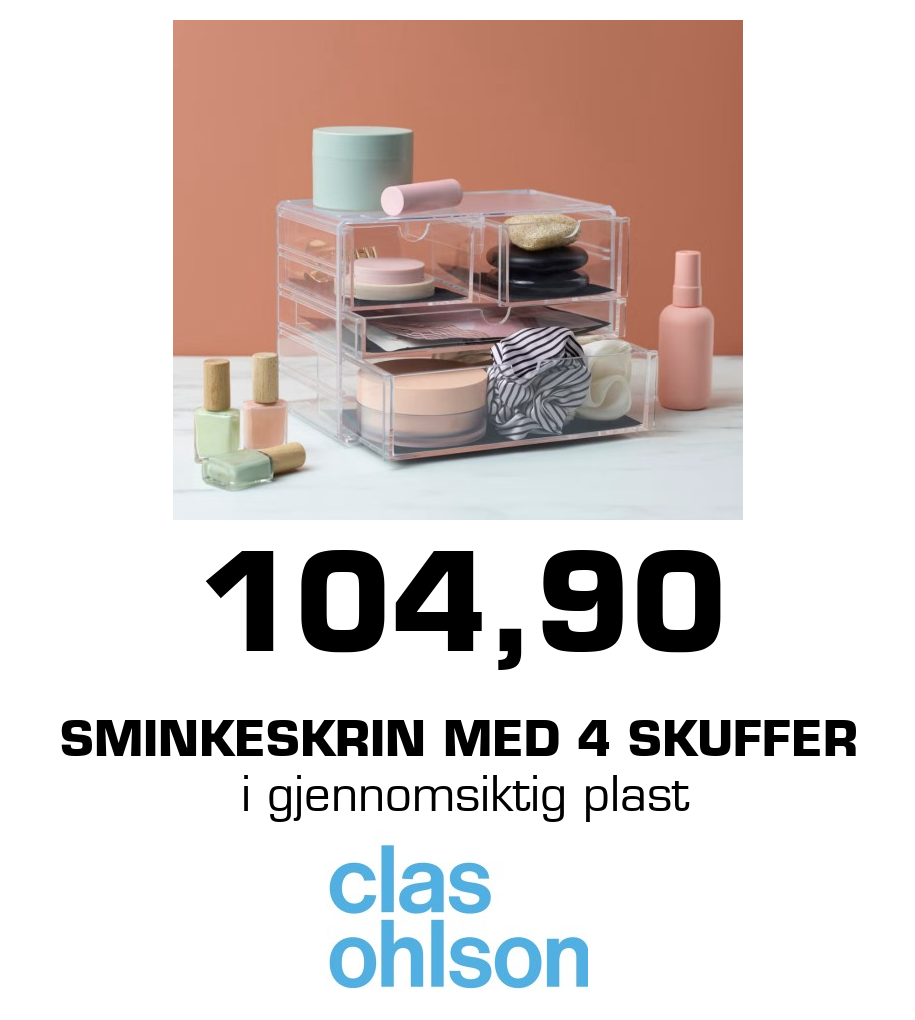 Clas Ohlson: 104,90 Sminkeskrin med 4 skuffer i gjennomsiktig plast