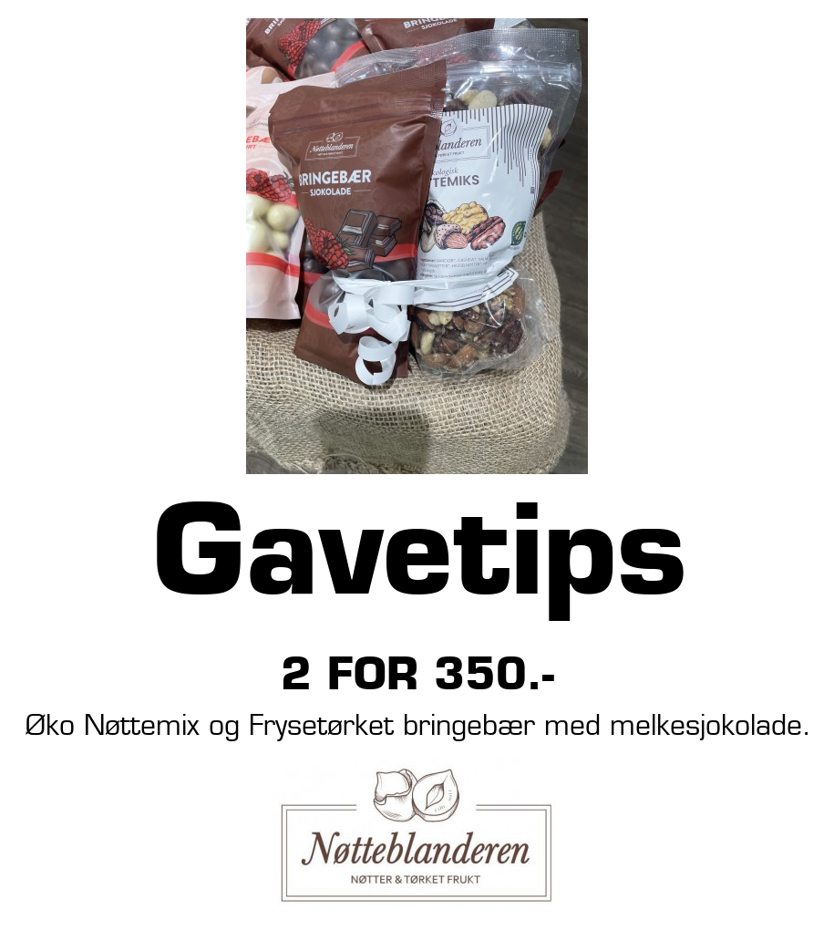 Nøtteblanderen: Gavetips 2 for 350.- Øko Nøttemix og Frysetørket bringebær med melkesjokolade.