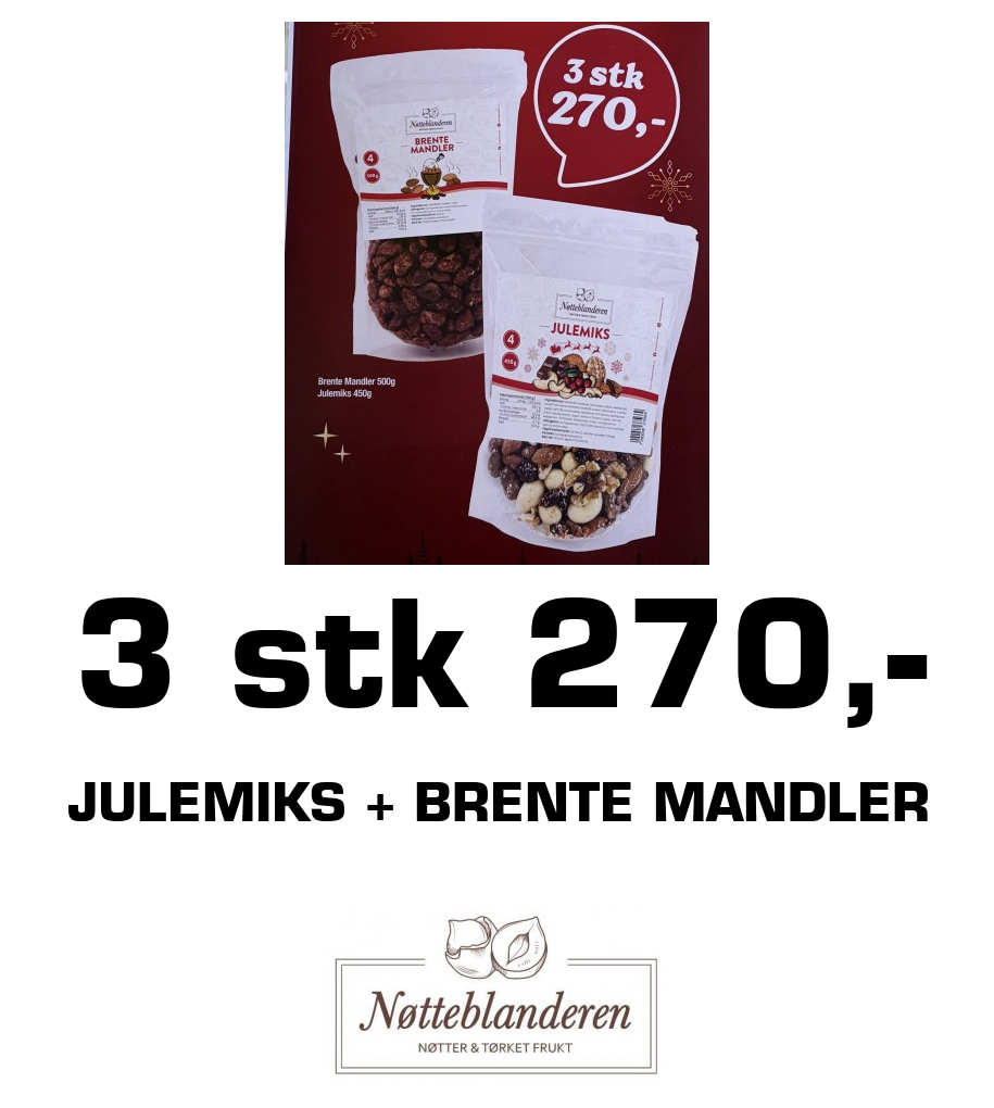 Nøtteblanderen: 3 stk 270,- Julemiks + brente mandler