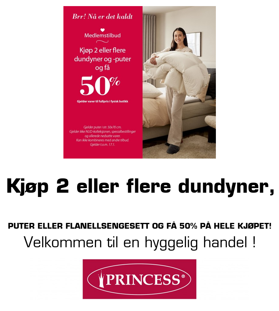 Princess: Kjøp 2 eller flere dundyner, puter eller flanellsengesett og få 50% på hele kjøpet! Velkommen til en hyggelig handel !