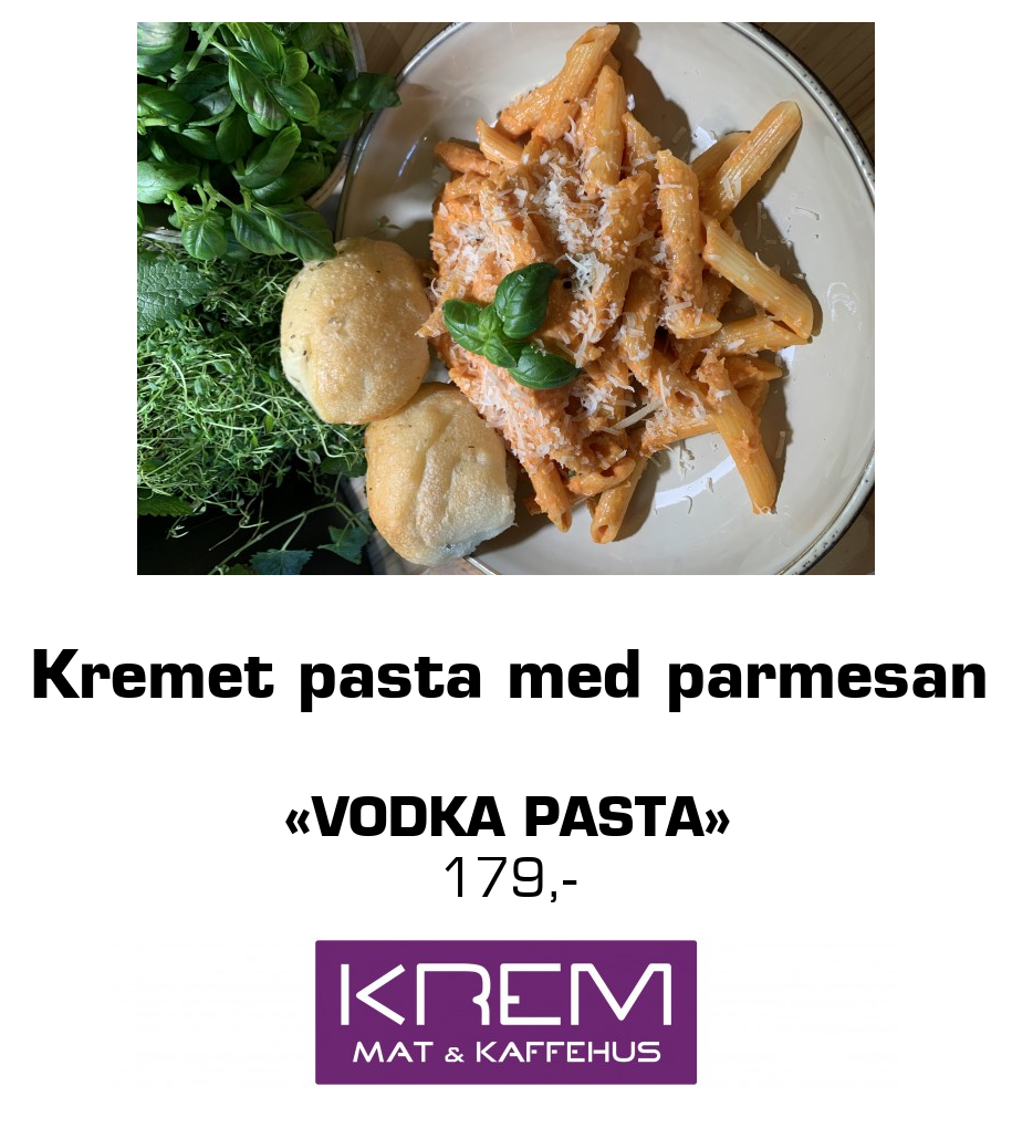 Krem Mat og Kaffehus: Kremet pasta med parmesan «Vodka pasta» 179,-