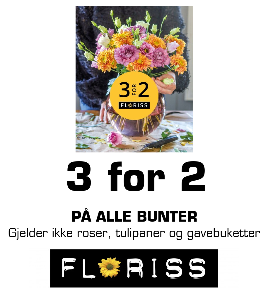 Floriss: 3 for 2 På alle bunter Gjelder ikke roser, tulipaner og gavebuketter