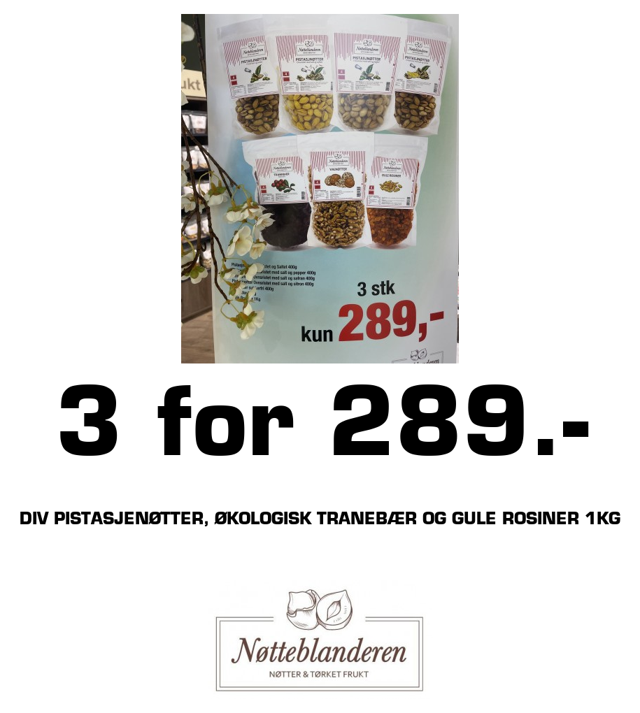 Nøtteblanderen: 3 for 289.- Div pistasjenøtter, økologisk tranebær og gule rosiner 1kg