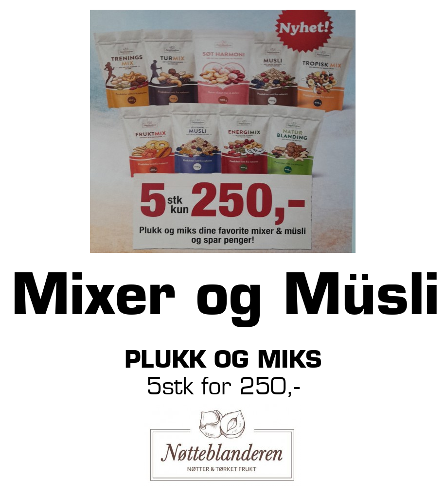 Nøtteblanderen: Mixer og Müsli plukk og miks 5stk for 250,-