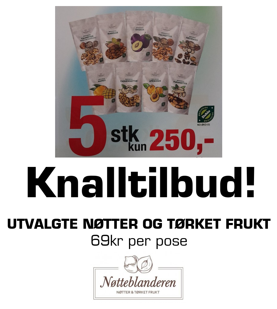 Nøtteblanderen: Knalltilbud! Utvalgte nøtter og tørket frukt 69kr per pose