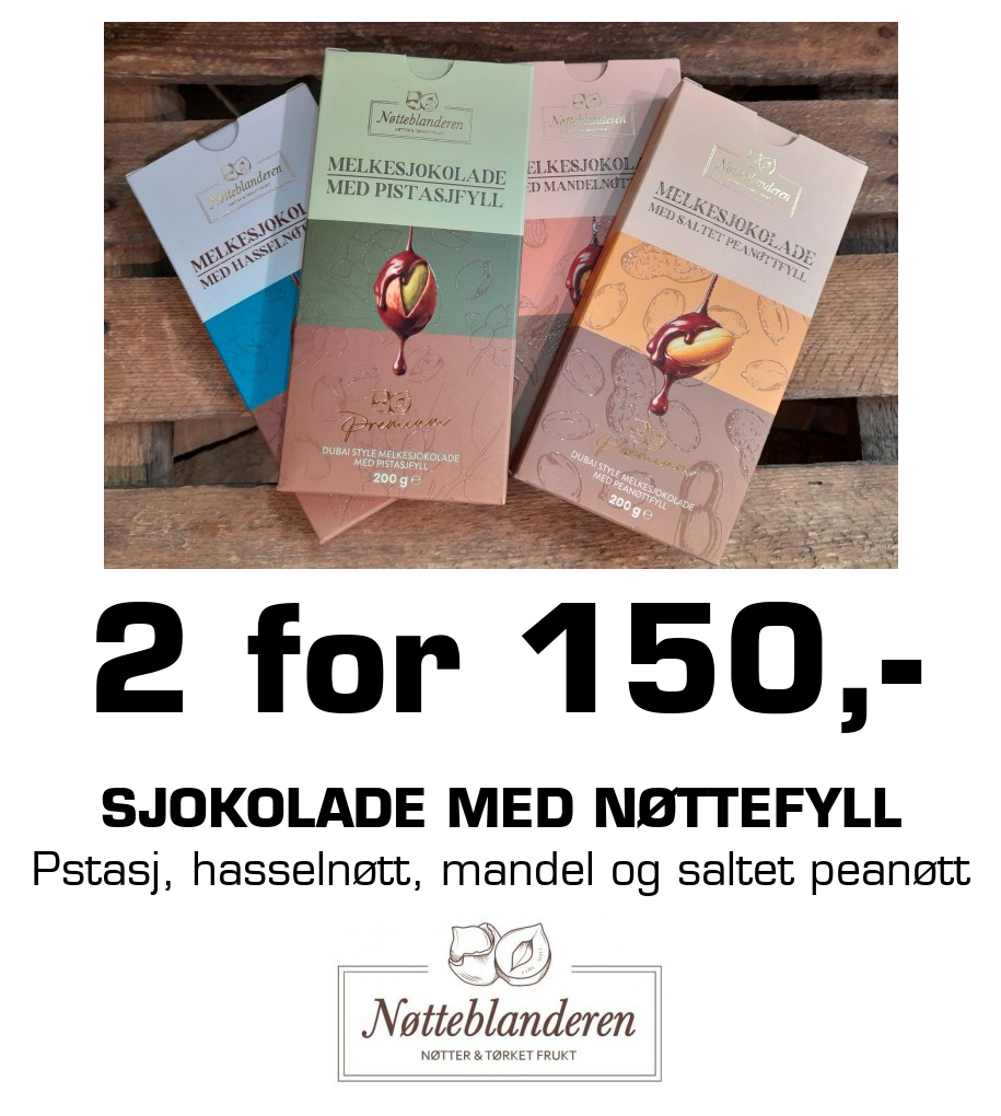 Nøtteblanderen: 2 for 150,- Sjokolade med nøttefyll Pstasj, hasselnøtt, mandel og saltet peanøtt