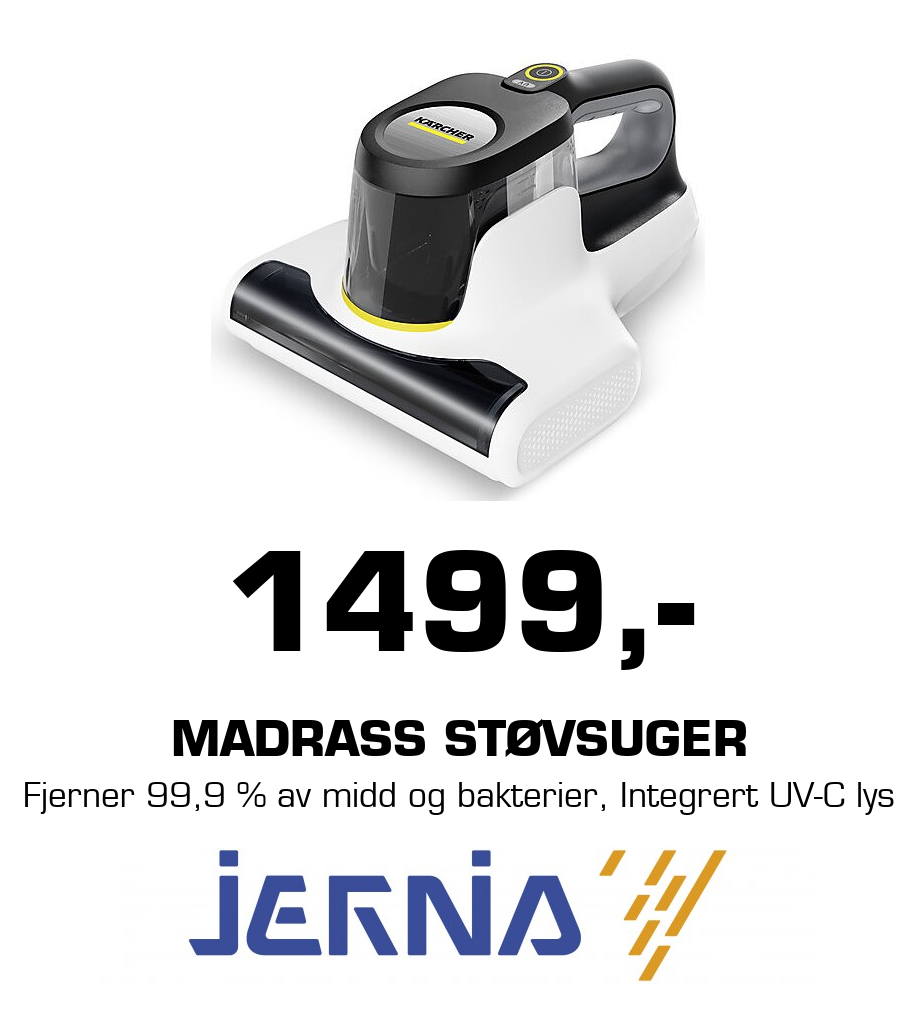 Jernia: 1499,- Madrass støvsuger Fjerner 99,9 % av midd og bakterier, Integrert UV-C lys
