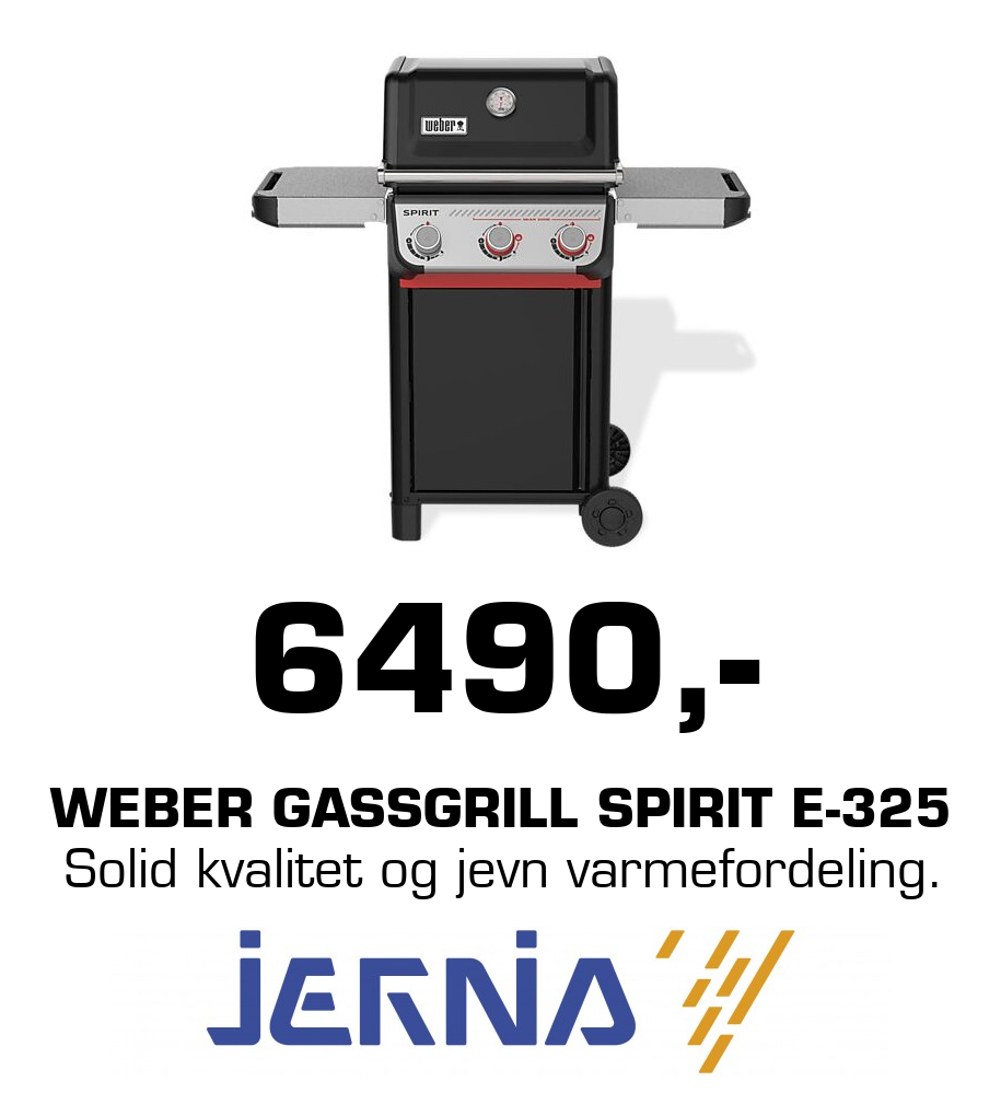 Jernia: 6490,- Weber Gassgrill Spirit E-325 Solid kvalitet og jevn varmefordeling.