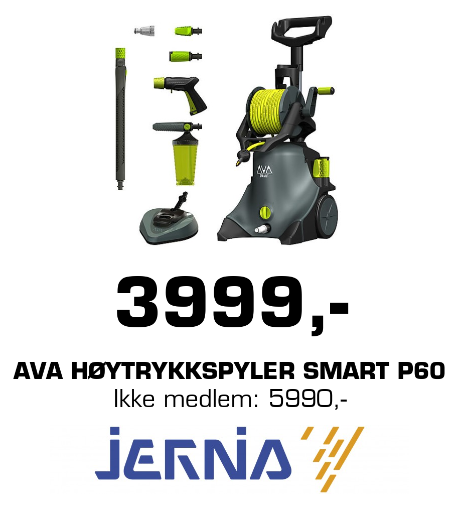 Jernia: 3999,- AVA Høytrykkspyler Smart P60 Ikke medlem: 5990,-