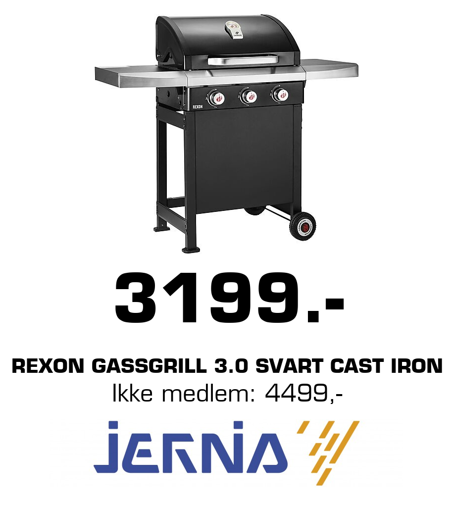 Jernia: 3199.- Rexon gassgrill 3.0 Svart Cast Iron Ikke medlem: 4499,-