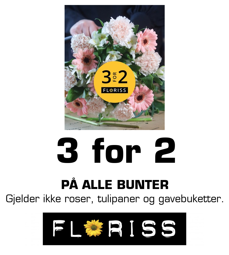 Floriss: 3 for 2 på alle bunter Gjelder ikke roser, tulipaner og gavebuketter.