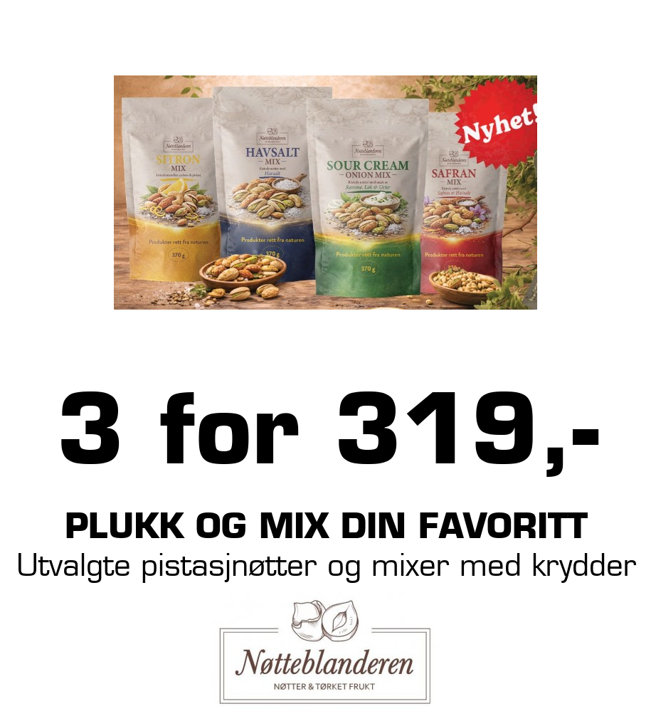 Nøtteblanderen: 3 for 319,- Plukk og mix din favoritt Utvalgte pistasjnøtter og mixer med krydder