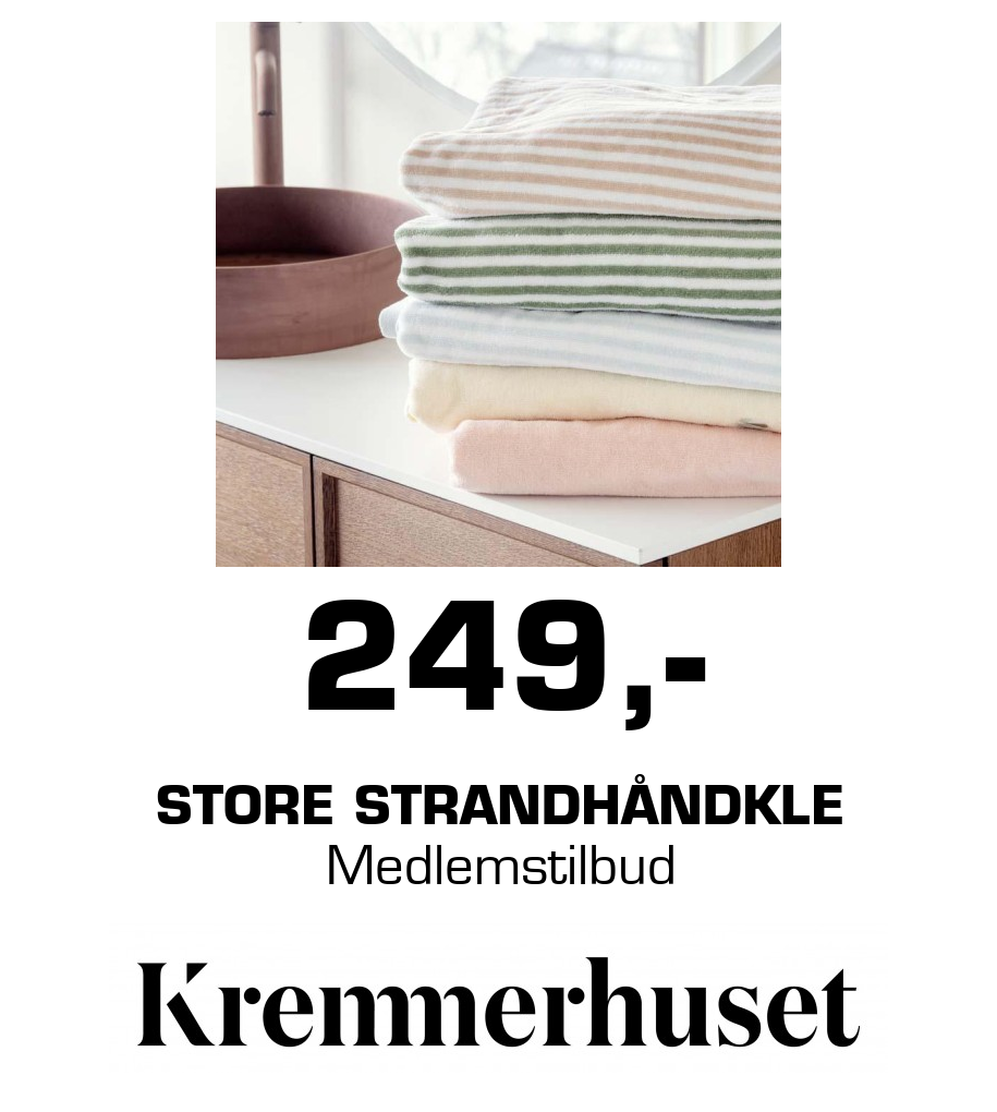 Kremmerhuset: 249,- Store Strandhåndkle Medlemstilbud