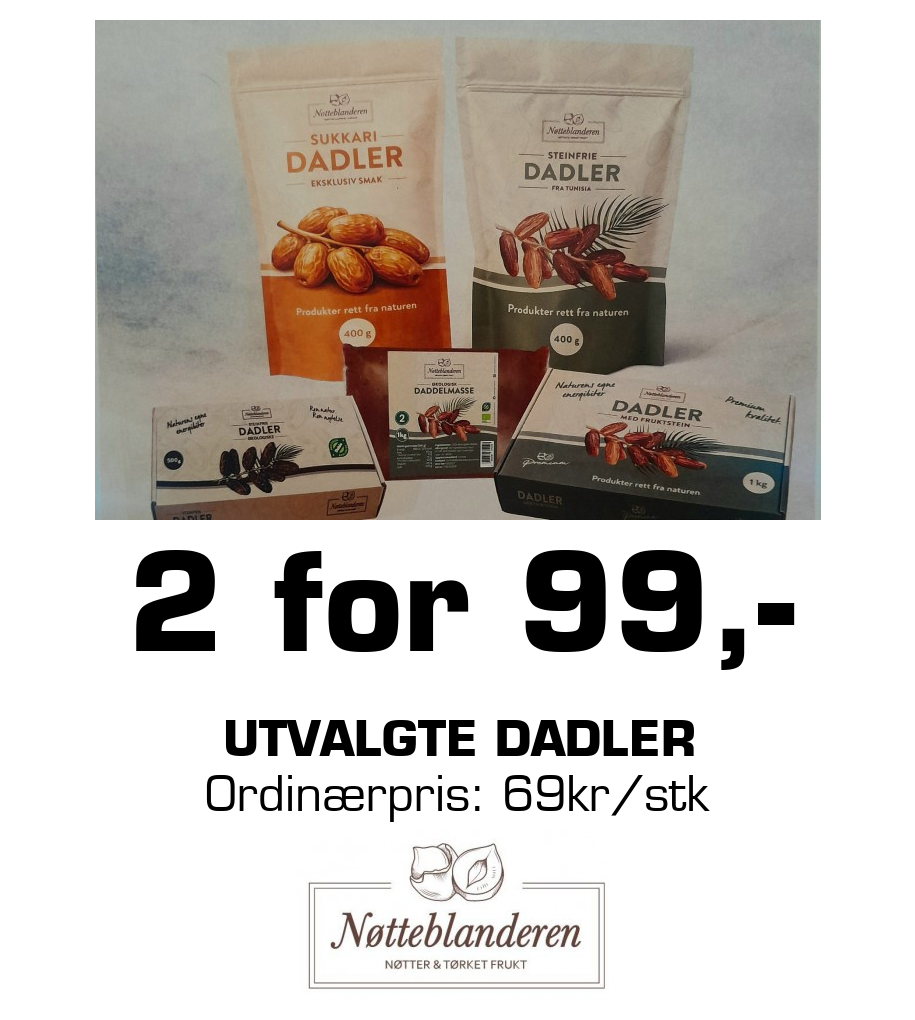 Nøtteblanderen: 2 for 99,- Utvalgte dadler Ordinærpris: 69kr/stk