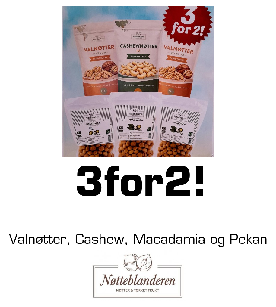 Nøtteblanderen: 3for2! Valnøtter, Cashew, Macadamia og Pekan