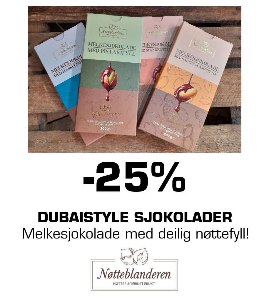 Nøtteblanderen: -25% Dubaistyle sjokolader Melkesjokolade med deilig nøttefyll!