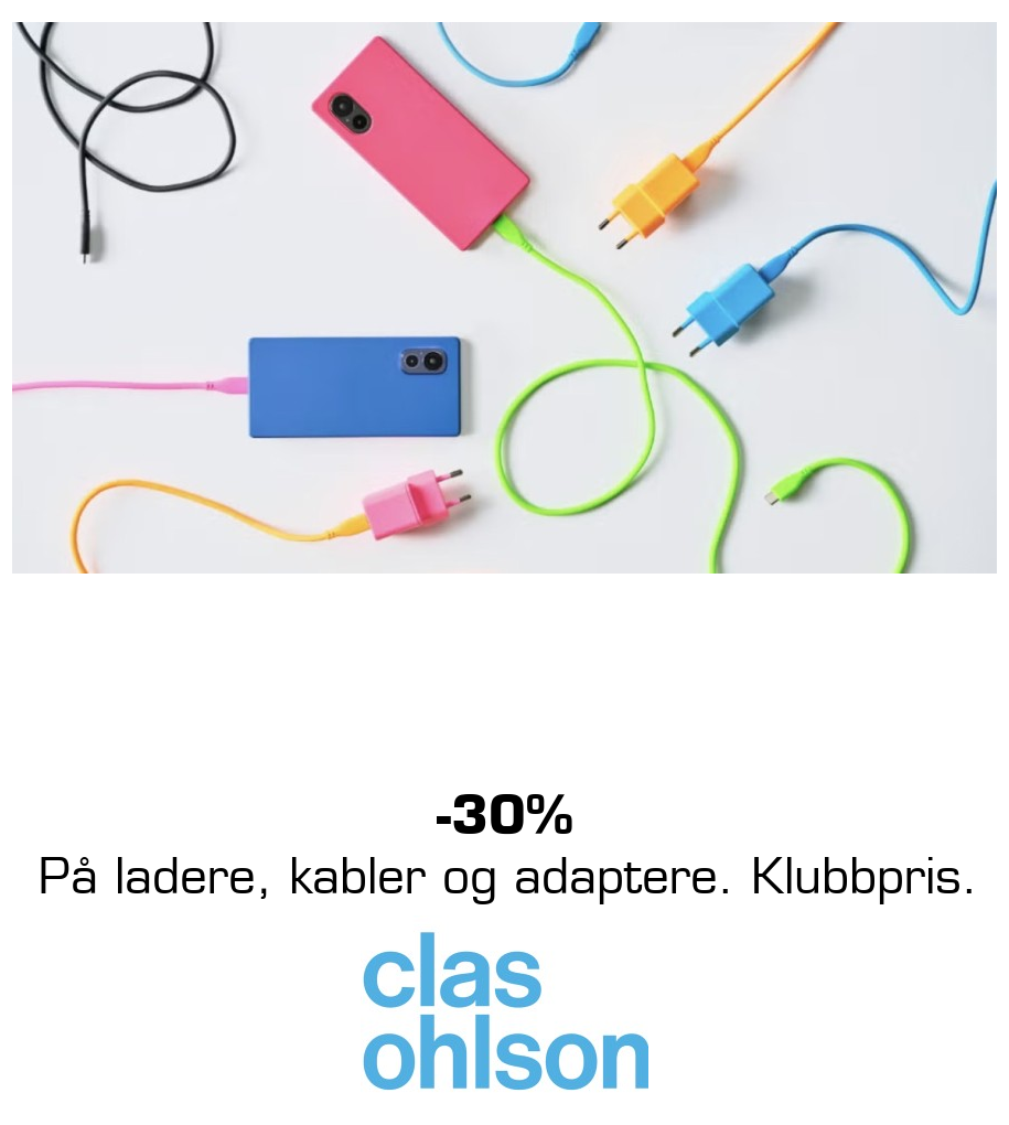 Clas Ohlson: -30% På ladere, kabler og adaptere. Klubbpris.