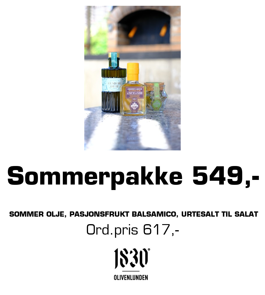 Olivenlunden 1830: Sommerpakke 549,- Sommer olje, pasjonsfrukt Balsamico, urtesalt til salat Ord.pris 617,-