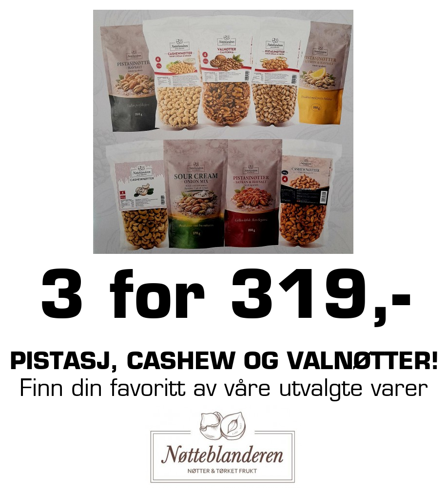 Nøtteblanderen: 3 for 319,- Pistasj, cashew og valnøtter! Finn din favoritt av våre utvalgte varer