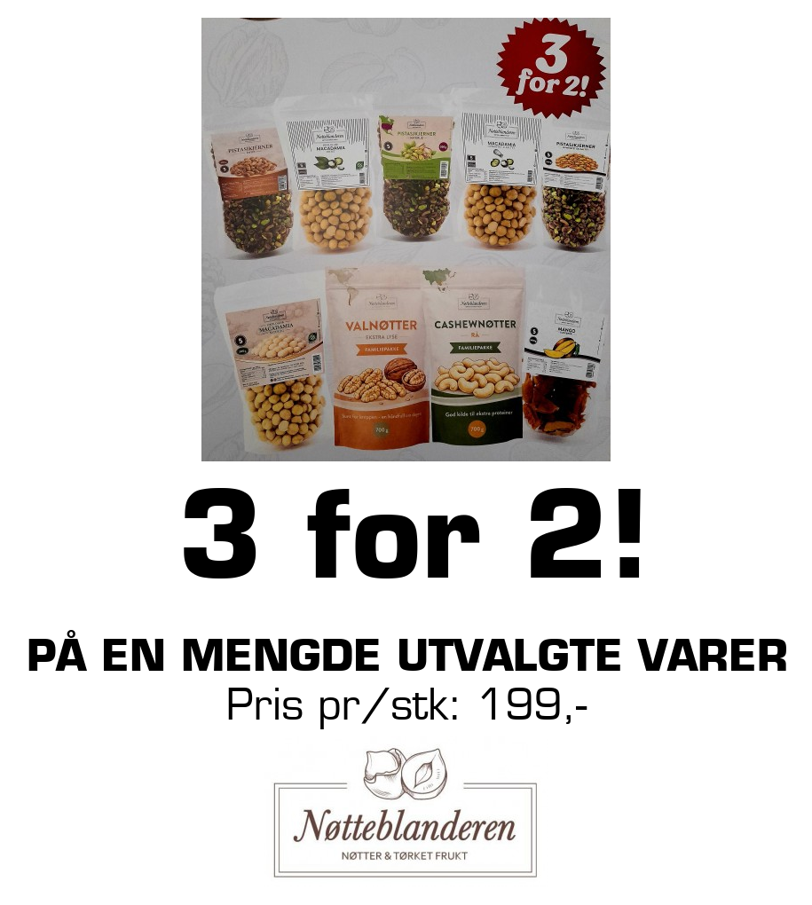 Nøtteblanderen: 3 for 2! på en mengde utvalgte varer Pris pr/stk: 199,-