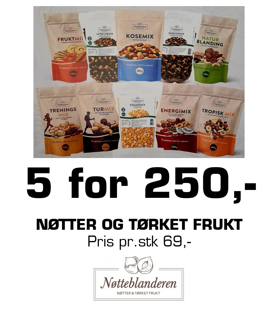 Nøtteblanderen: 5 for 250,- nøtter og tørket frukt Pris pr.stk 69,-