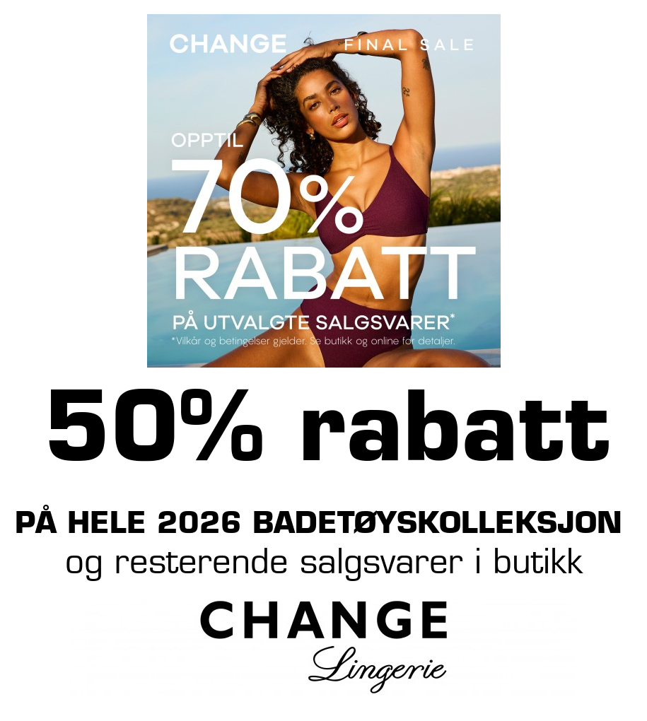Change: 50% rabatt på hele 2026 badetøyskolleksjon og resterende salgsvarer i butikk