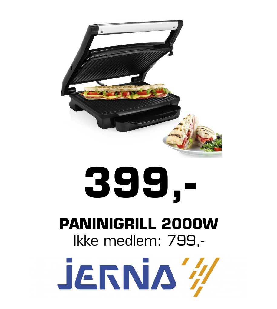 Jernia: 399,- Paninigrill 2000w Ikke medlem: 799,-