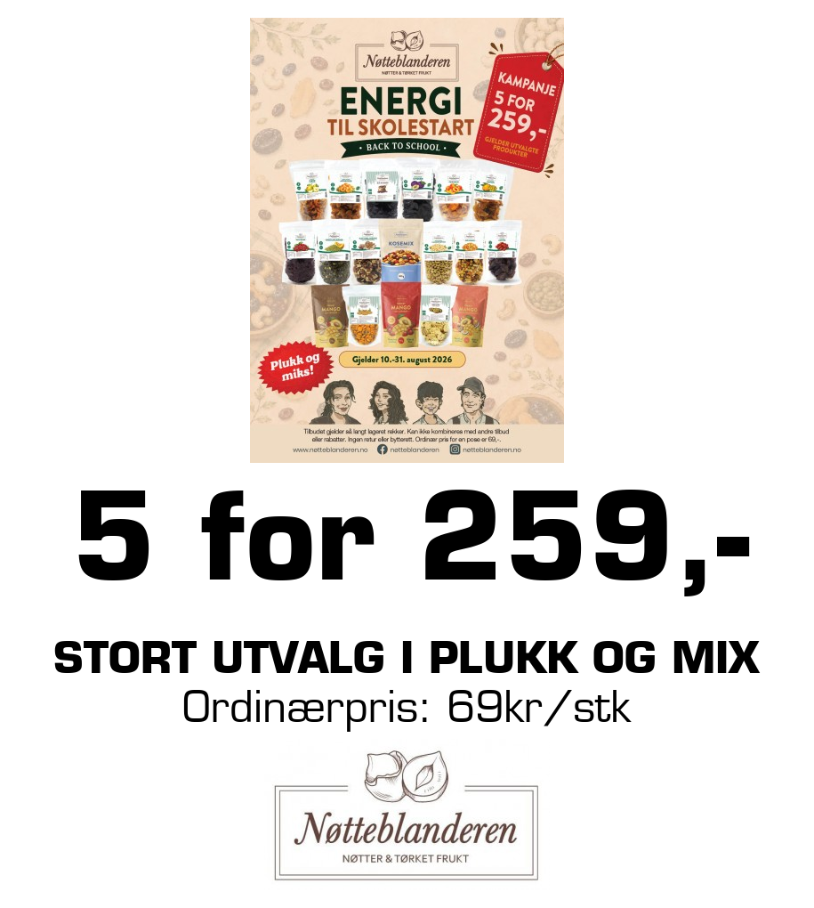 Nøtteblanderen: 5 for 259,- stort utvalg i plukk og mix Ordinærpris: 69kr/stk