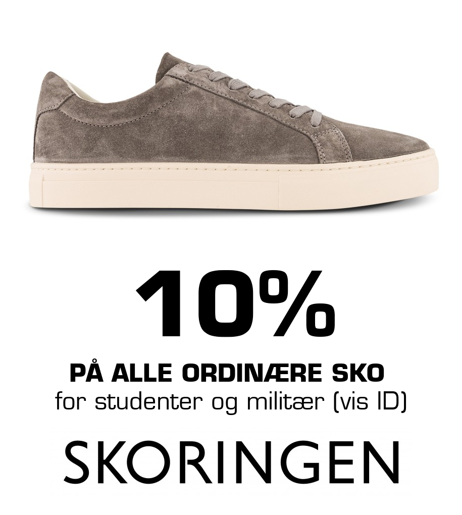 Skoringen: 10% På alle ordinære sko for studenter og militær (vis ID)