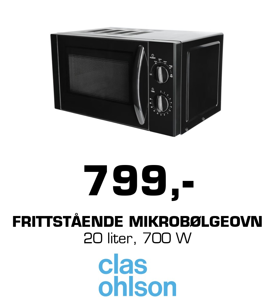 Clas Ohlson: 799,- Frittstående mikrobølgeovn 20 liter, 700 W