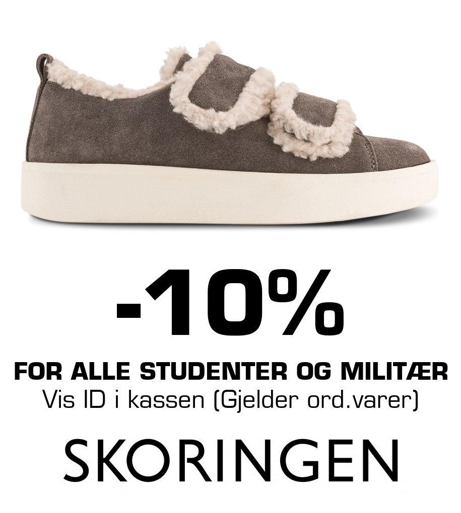 Skoringen: -10% for Alle studenter og militær Vis ID i kassen (Gjelder ord.varer)