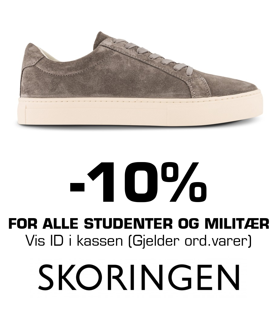 Skoringen: -10% for Alle studenter og militær Vis ID i kassen (Gjelder ord.varer)