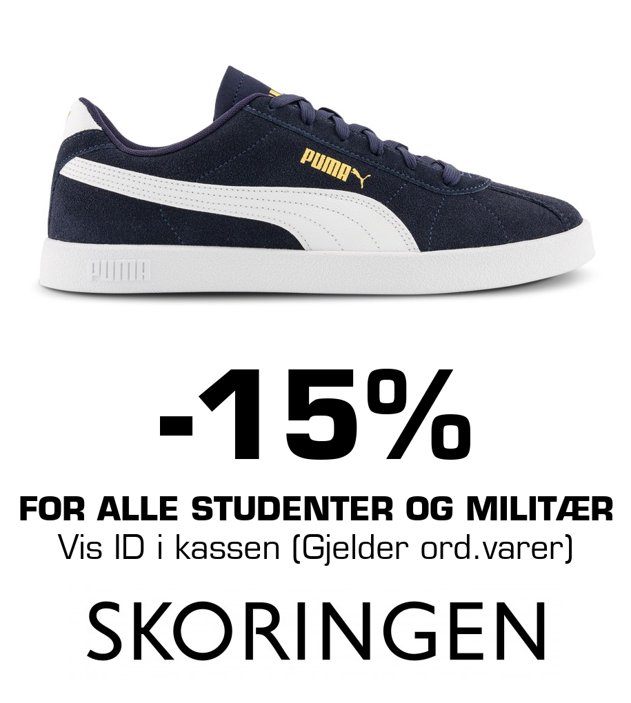 Skoringen: -15% for Alle studenter og militær Vis ID i kassen (Gjelder ord.varer)