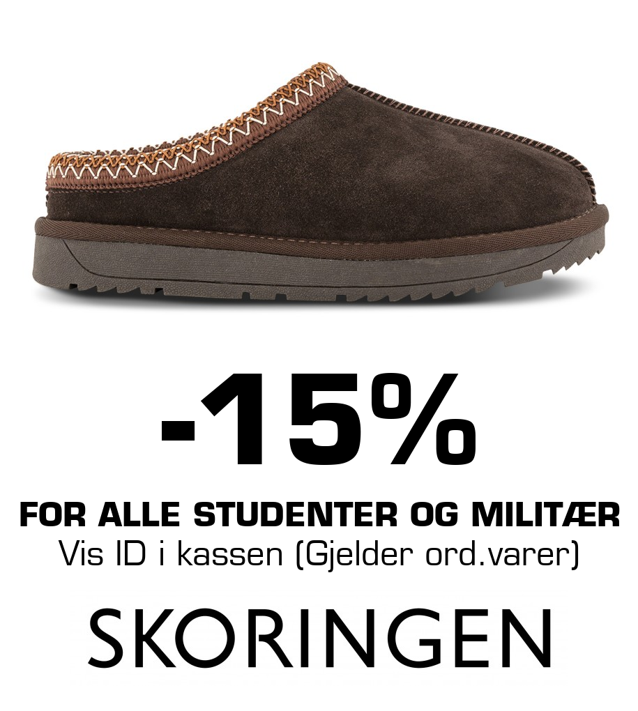 Skoringen: -15% for Alle studenter og militær Vis ID i kassen (Gjelder ord.varer)