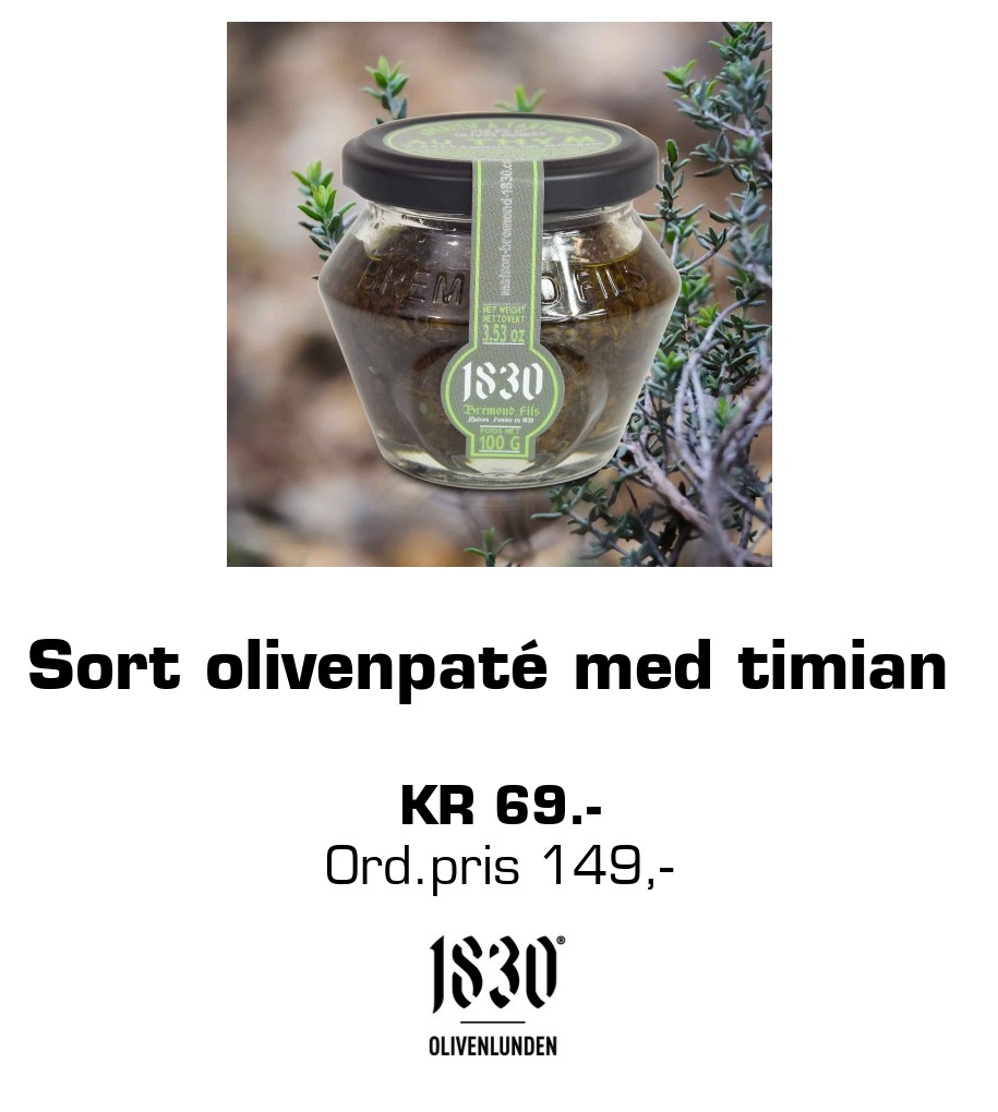 Olivenlunden 1830: Sort olivenpaté med timian kr 69.- Ord.pris 149,-