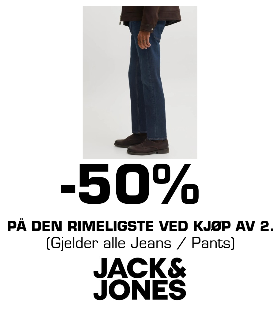 Jack & Jones Store: -50% PÅ den rimeligste ved kjøp av 2. (Gjelder alle Jeans / Pants)