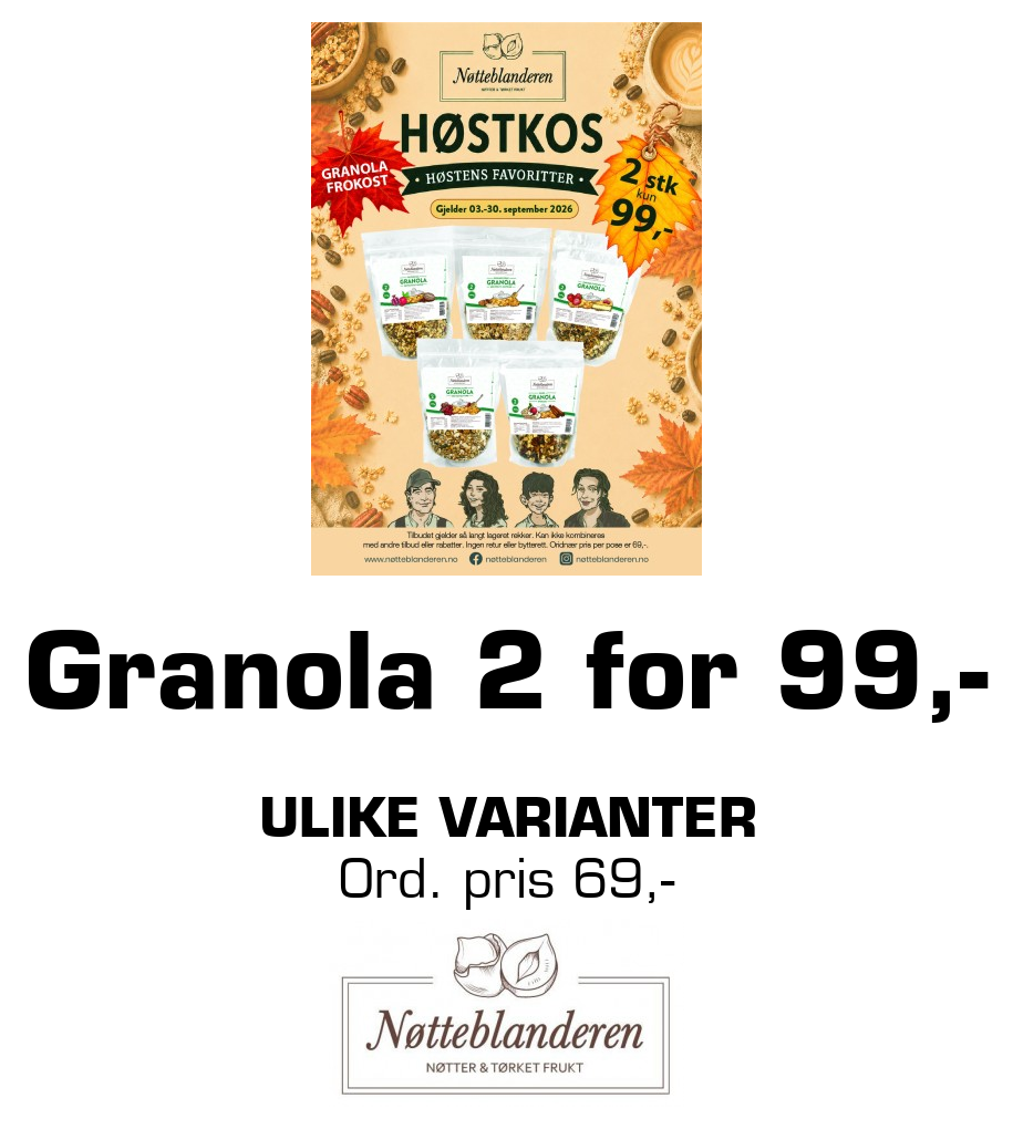 Nøtteblanderen: Granola 2 for 99,- ulike varianter Ord. pris 69,-