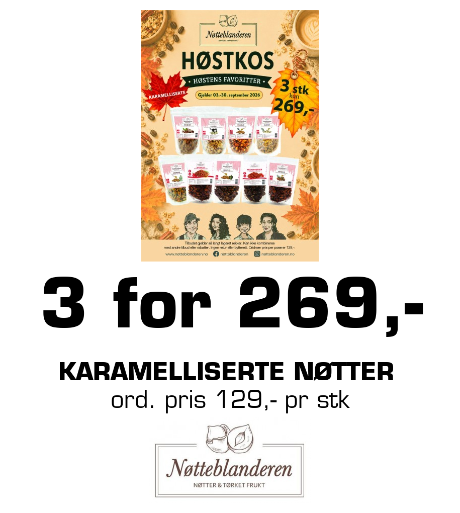 Nøtteblanderen: 3 for 269,- karamelliserte nøtter ord. pris 129,- pr stk