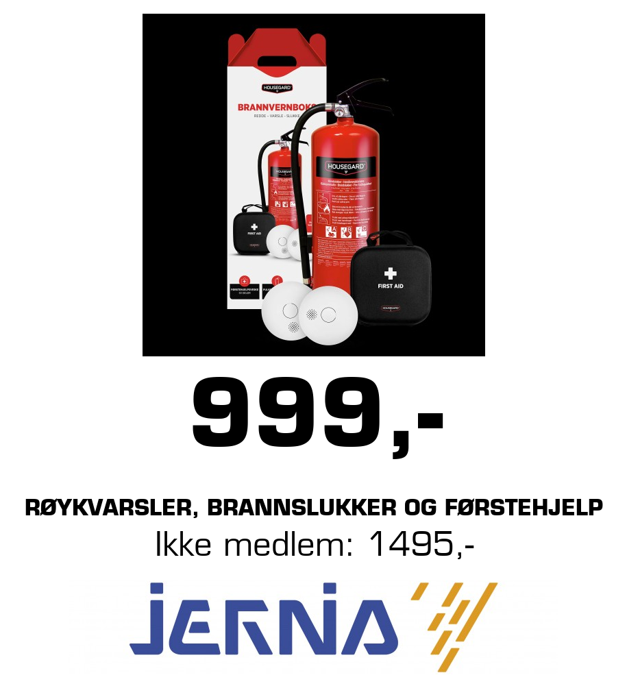 Jernia: 999,- Røykvarsler, brannslukker og førstehjelp Ikke medlem: 1495,-
