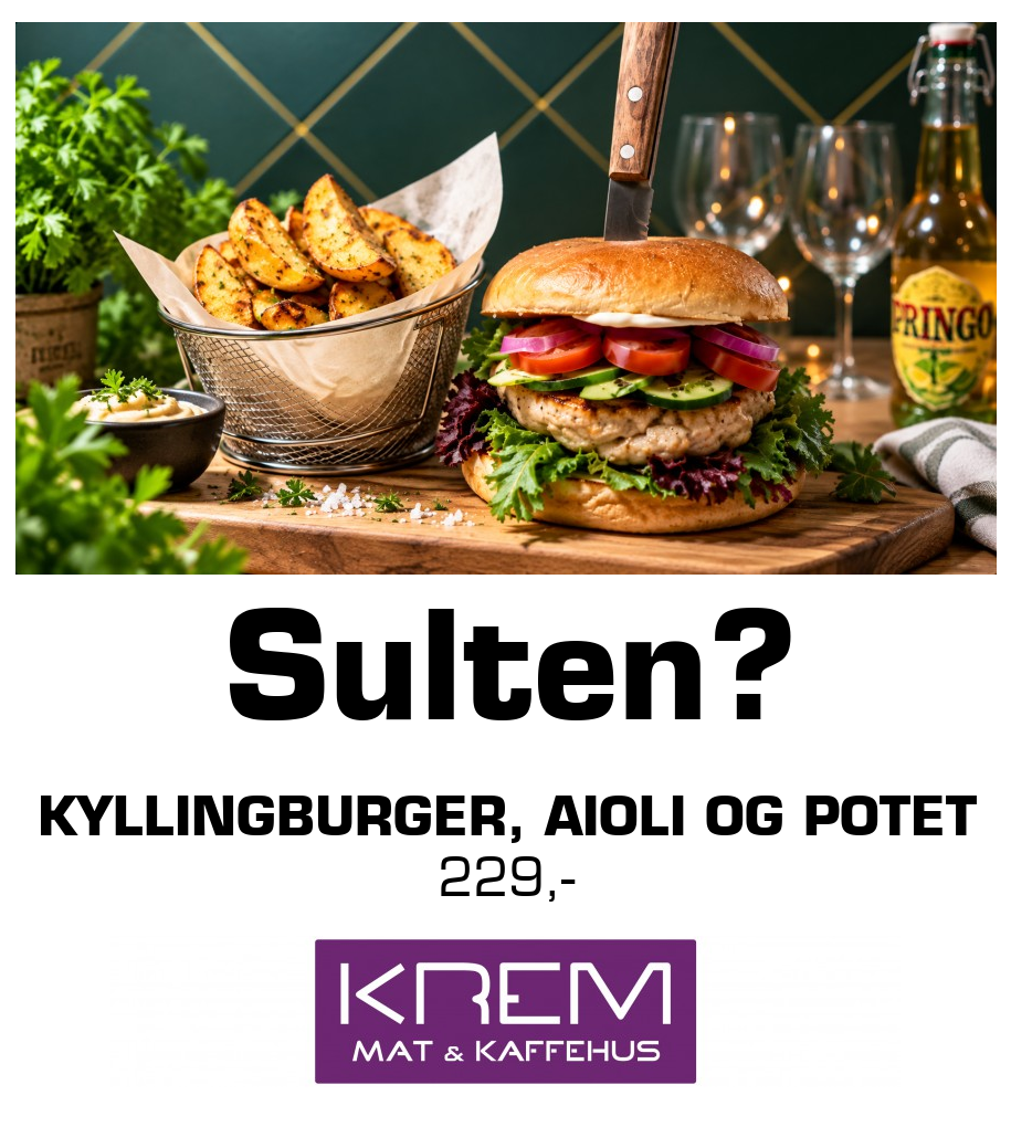 Krem Mat og Kaffehus: Sulten? Kyllingburger, aioli og potet 229,-
