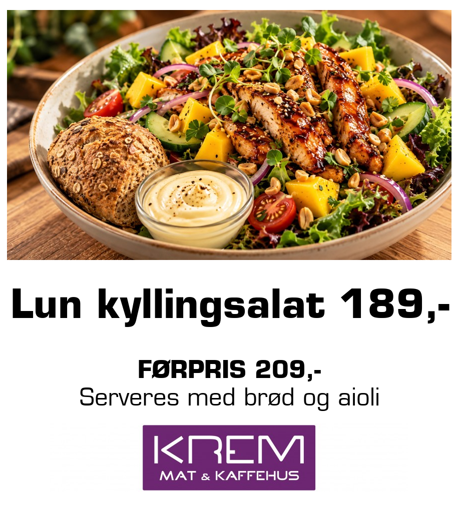 Krem Mat og Kaffehus: Lun kyllingsalat 189,- Førpris 209,- Serveres med brød og aioli