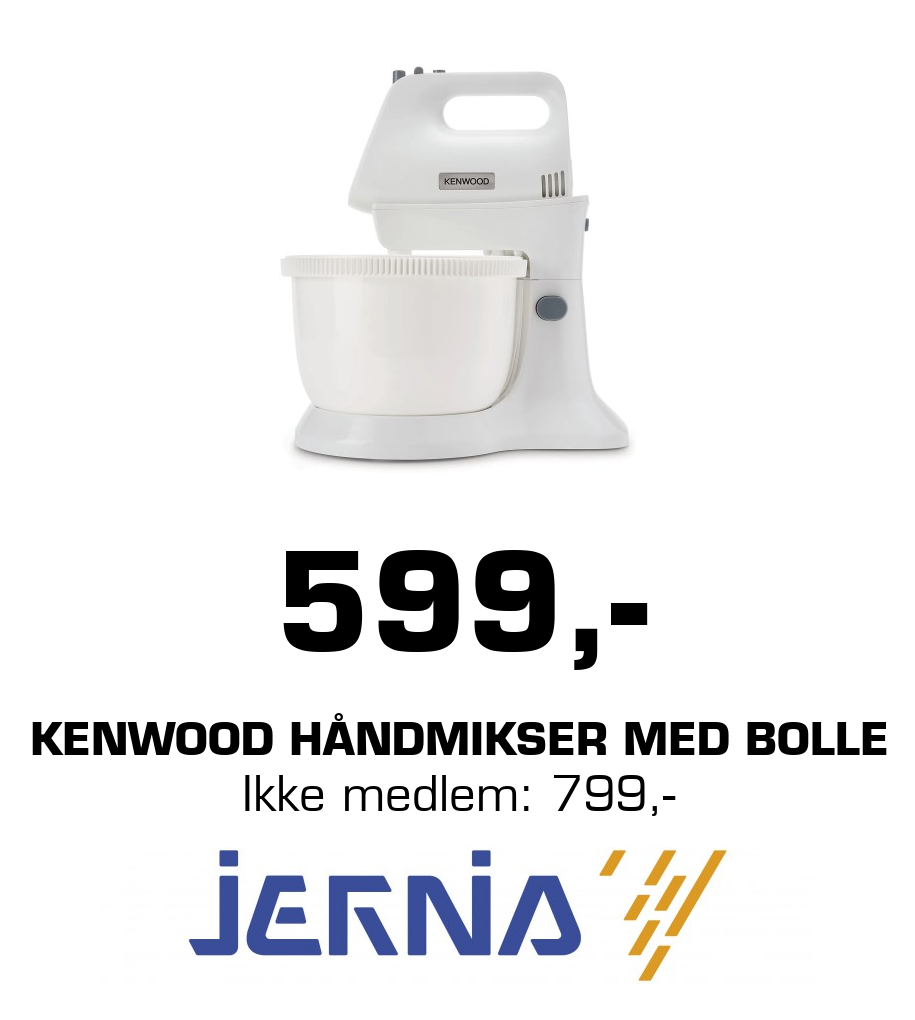 Jernia: 599,- Kenwood Håndmikser med bolle Ikke medlem: 799,-